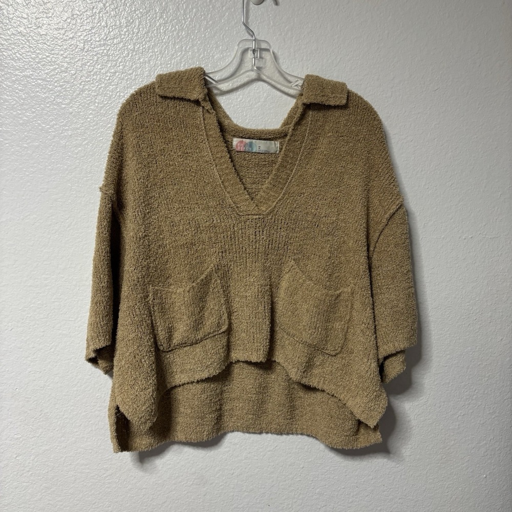 Free People Beach Pullover Sweater XS Tan Pockets Coastal Boho Earthy
